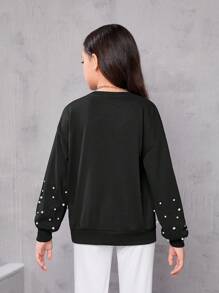 Cô gái Tween Ngọc trai đính cườm Thả vai Áo chui đầu - màu đen - Xem 5