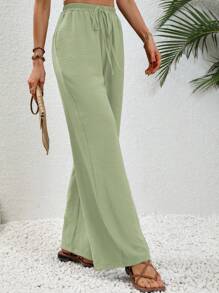 SHEIN LUNE Solid Drawstring Waist Wide Leg Pants Fall Cloth For Women - Mint Green - View 5
