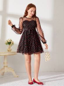 SHEIN Thiếu niên cô gái In Trái tim Lớp phủ lưới Váy có thắt lưng - màu đen - Xem 3