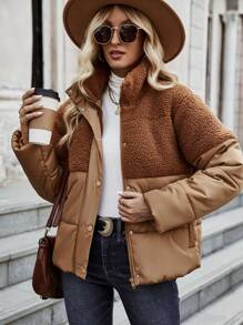 SHEIN LUNE 对比面板按扣加厚棉服外套衣服冬季 - 卡其色 - 查看 4