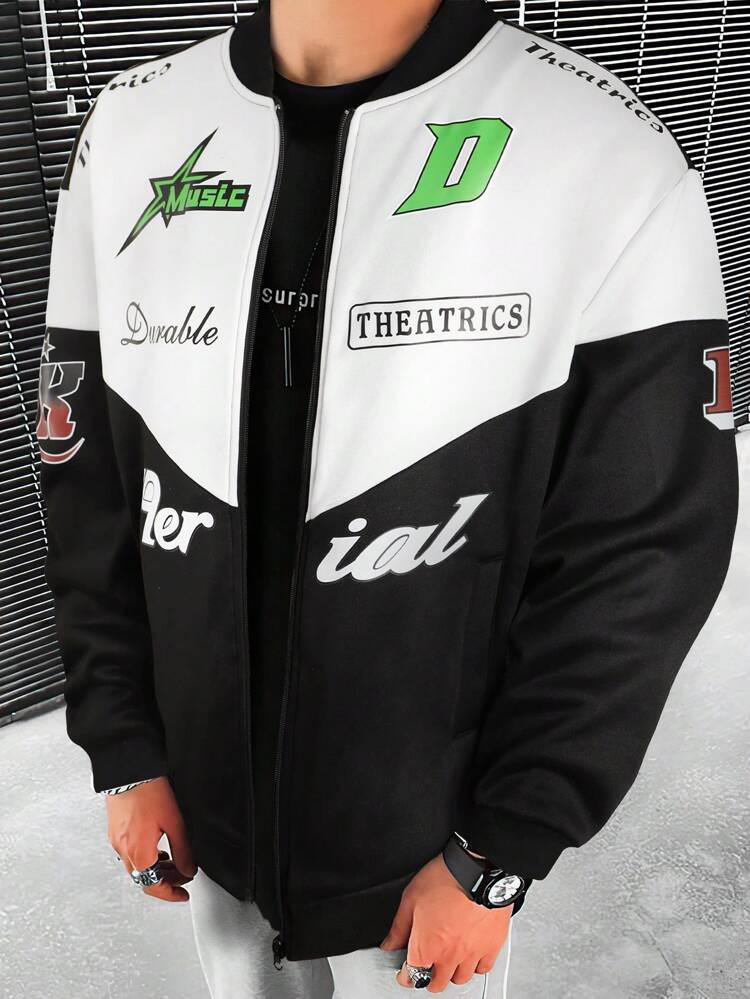Loose Fit Men's Letter Graphic Two Tone Bomber Jacket