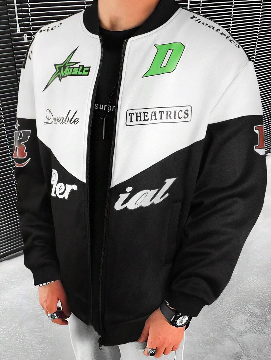 Loose Fit Men's Letter Graphic Two Tone Bomber Jacket - Black and White - View 1
