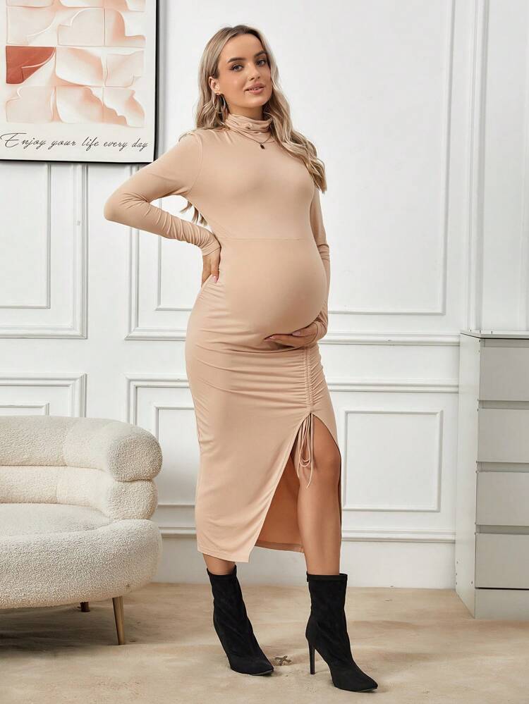 Maternity Turtleneck Drawstring Split Thigh Dress