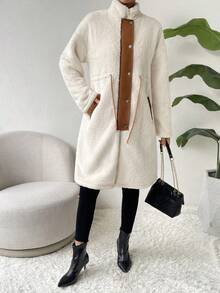 SHEIN Essnce 拼接邊前紐扣絨毛外套 - 杏色 - 查看 6