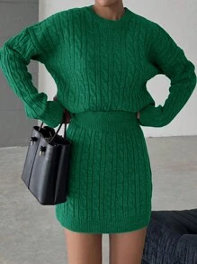EURMUSE Cable Knit Drop Shoulder Sweater & Knit Skirt - Green - View 3