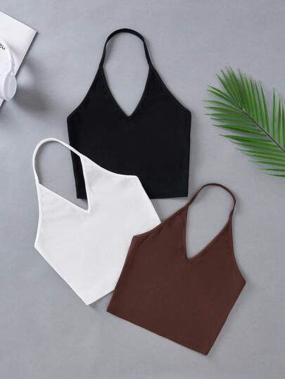 SHEIN Essnce Pack de 3 tops de tirantes halter tejidos para mujer