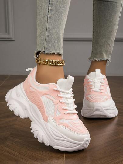  ★CHUNKY RUNNER スニーカー★厚底★ピンク系 Chunky lace-up leather rock casual sneakers shoes ユニ