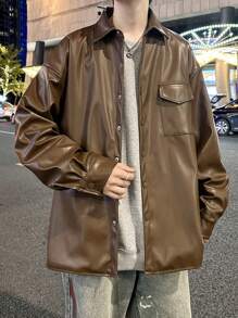 Manfinity Hypemode Men Flap Pocket Drop Shoulder PU Leather Jacket - Coffee Brown - View 5