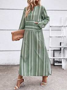Breezaya Striped Print Split Thigh Dress Fall Cloth For Women - Mint Green - View 6