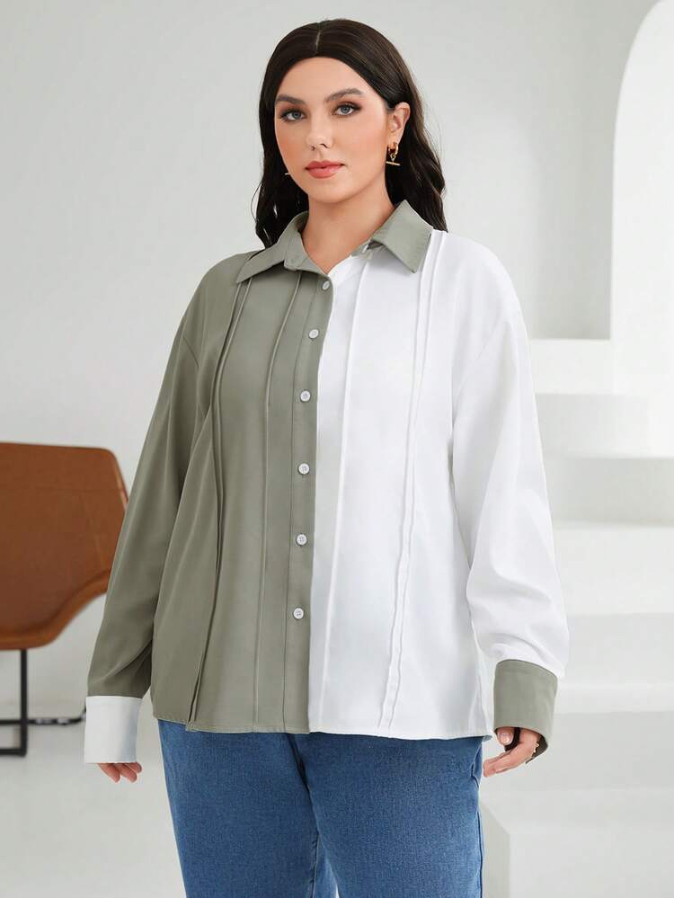 Plus Two Tone Drop Shoulder Button Front Shirt