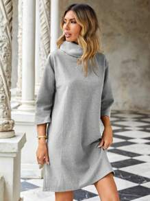 EURMUSE Women's Solid Color High Neck Long Sleeve Dress - Grey - View 4