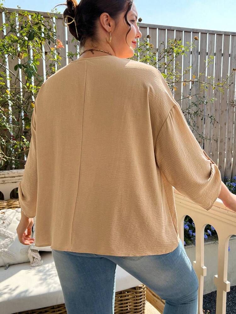 Plus V-neck Roll Tab Sleeve Blouse