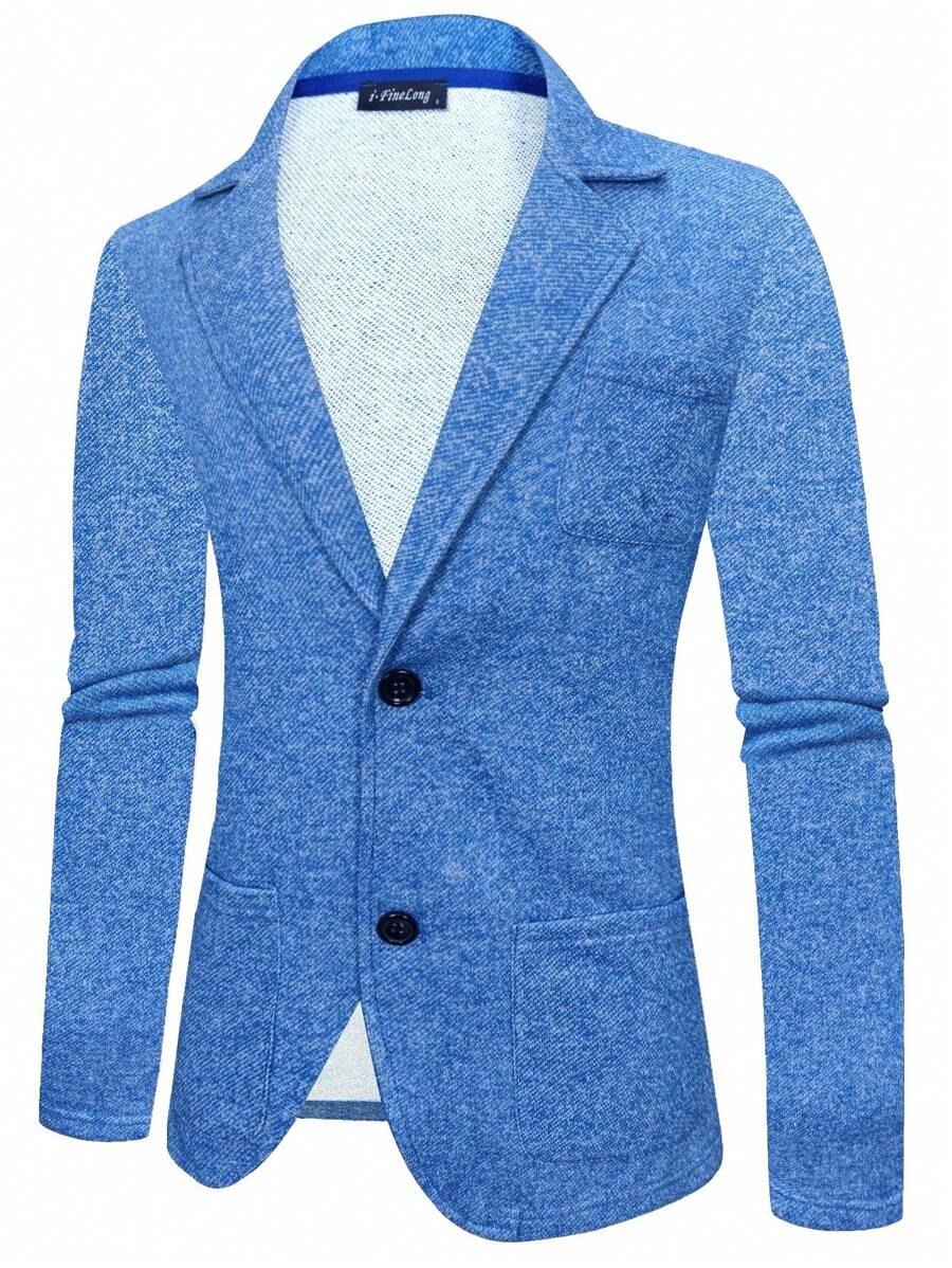 Men Single Breasted Pocket Patched Blazer - Blue - View 1