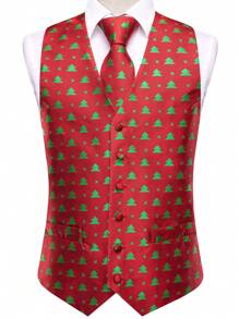 Men's Christmas Print Party Suit Vest - Red - View 3