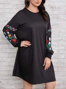 SHEIN LUNE Plus Floral Print Drop Shoulder Sweatshirt Dress - Black - View 7