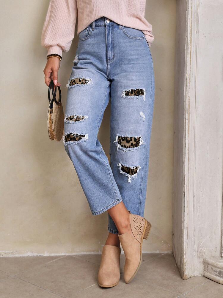 Leopard Print Ripped Straight Leg Jeans