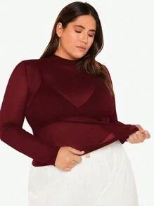 SHEIN BAE Plus Size Solid Mock Neck Mesh Top Without Bra - Burgundy - View 4