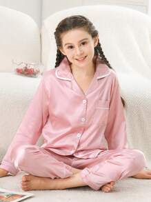 Girls Satin Pajama Set Long Pants Silk Button Style Long Sleeved Contrast Edging Cardigan Top Suitable For Children Aged 8-13 Spring And Autumn Two Piece Sets Loungewear - Red - View 1