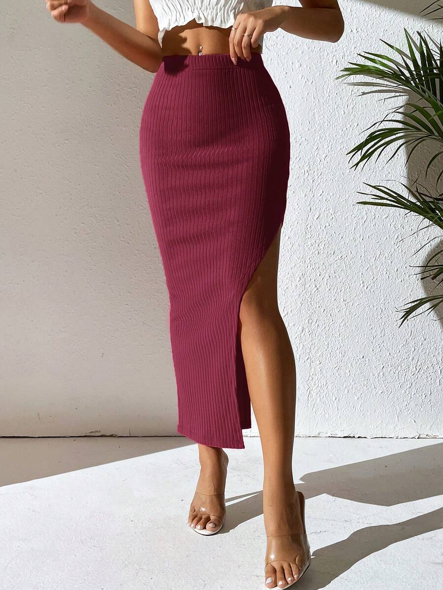 SHEIN Clasi Solid Split Thigh Skirt - Hot Pink - View 1