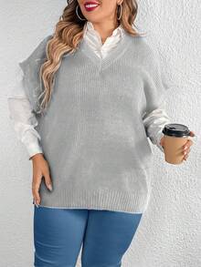 Calvaya Hơn 1 Miếng Chất rắn Cổ v Knit ngọn - Màu Xám nhạt - Xem 3