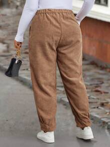SHEIN LUNE Plus Slant Pocket Corduroy Pants - Coffee Brown - View 2