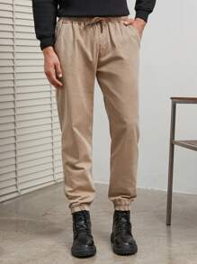 SHEIN Cottnline Men Solid Drawstring Waist Slant Pocket Pants - بني - مشاهدة 4