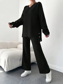 EURMUSE Sweater Two-piece Suit With Split Hem, Button Decoration, And Pants - Black - View 5