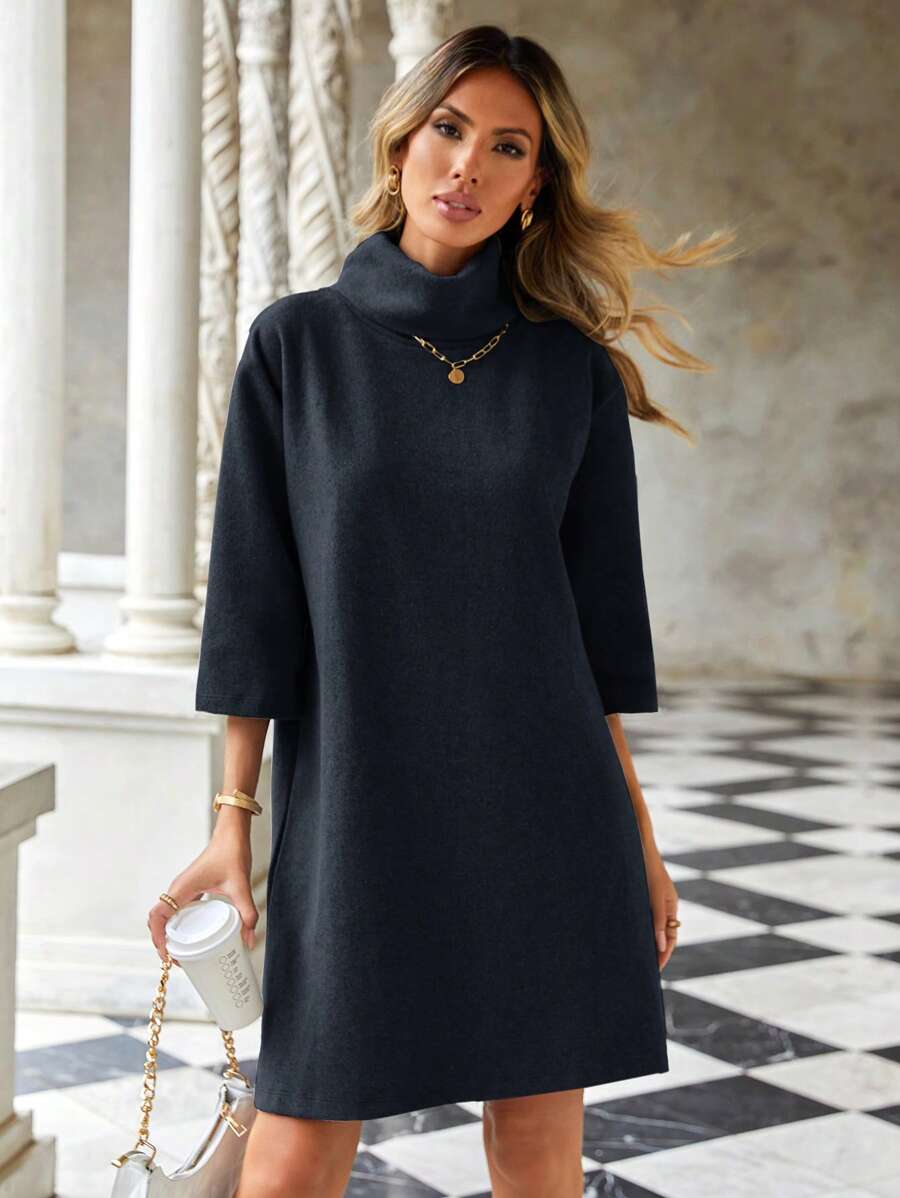 RueChic Women's Solid Color High Neck Knitted Dress - Black - View 1