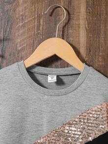 SHEIN 女大童撞色亮片拼接落肩袖衛衣洋裝 - 淺灰色 - 查看 4