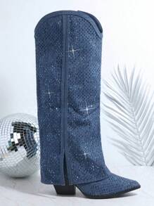 SHUZIA Denim Pointy Toe Rhinestone Decor Booties Mother's Day Present - Blue - View 6