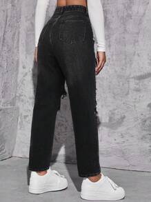 SHEIN EZwear 拉鏈門襟破洞媽媽牛仔褲 - 黑色 - 查看 2