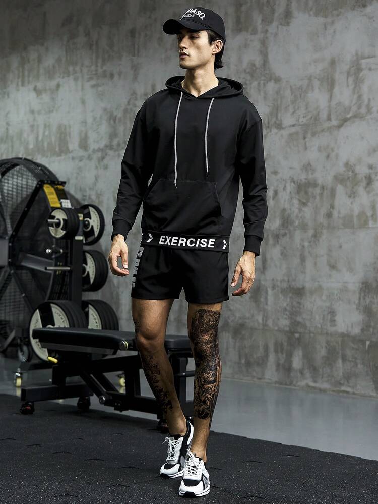 Men Letter Graphic Kangaroo Pocket Drawstring Sports Sweatshirt Men Sweatshirt