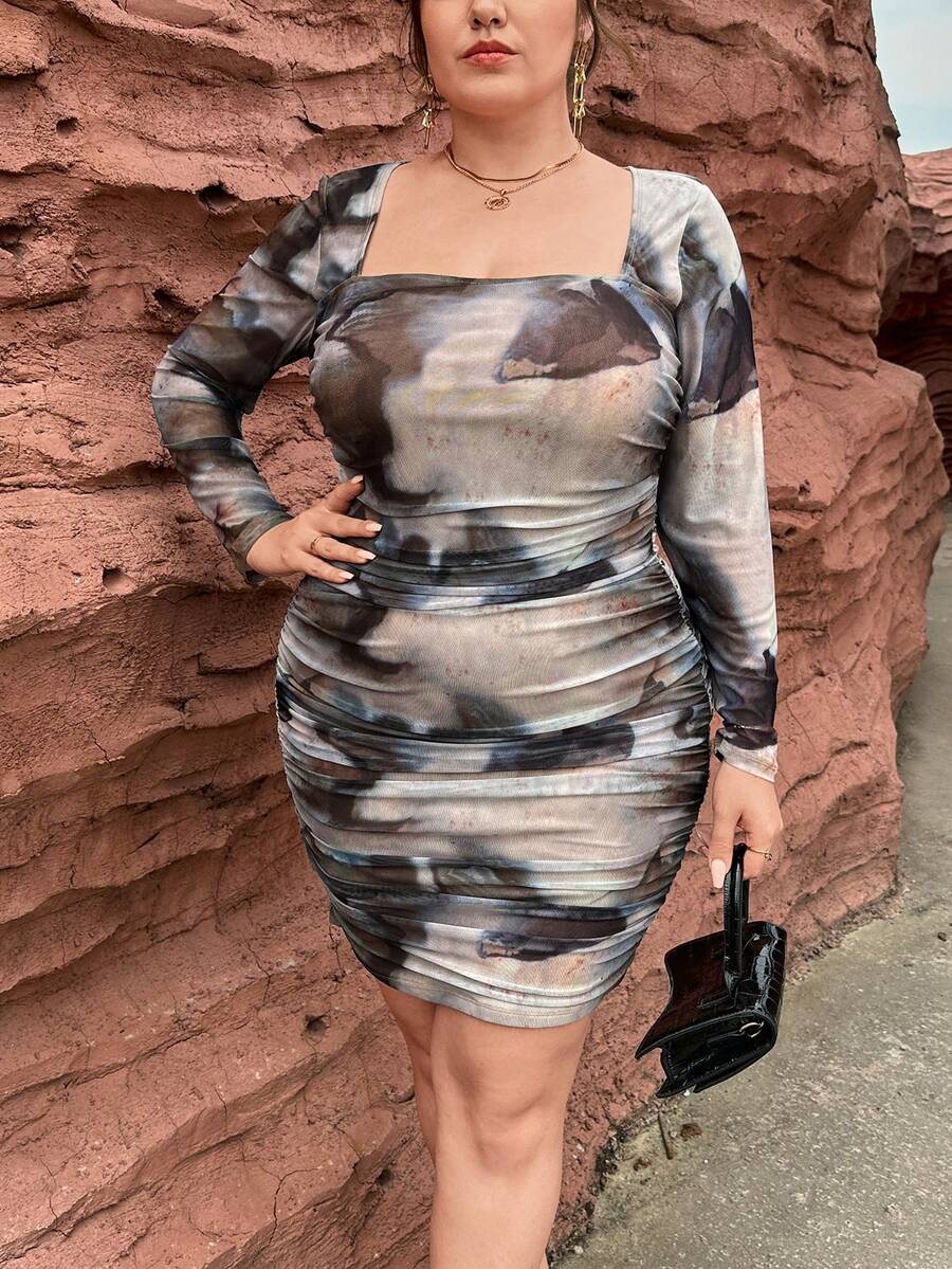 SHEIN Privé Hơn Nhuộm buộc Cổ vuông Viền ven Lưới Váy bodycon - Nhiều màu - Xem 1