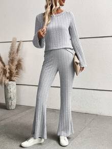 SHEIN LUNE Chất rắn Tay áo loe Áo thun & Quần ống loe - Xám - Xem 4