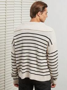 RueChic Men Striped Pattern Drop Shoulder Sweater - Black and White - View 2