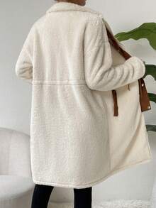 SHEIN Essnce 拼接邊前紐扣絨毛外套 - 杏色 - 查看 2