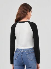 Forever 21 Women's Raglan Sleeve T-shirt With Letter Print - Black and White - View 2