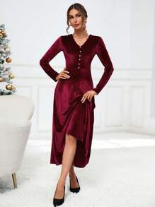 SHEIN Privé Nút phía trước Nhung Váy chữ A - Đỏ - Xem 4