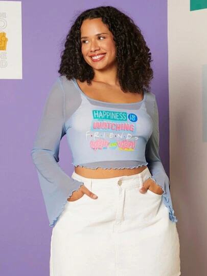 FRIENDS X SHEIN Plus Slogan Graphic Lettuce Trim Trumpet Sleeve Crop Mesh Top Without Bra