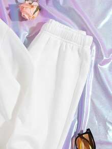 SHEIN Tween Girl Letter Graphic Hoodie & Sweatpants - White - View 5