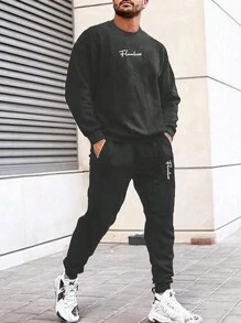 RueChic Men Letter Graphic Sweatshirt & Sweatpants - Dark Grey - View 1