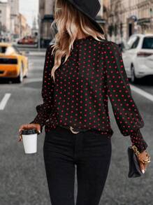 SHEIN Clasi Blusa de manga farol de cuello camisero con estampado de lunares, blusas de manga larga - Negro - Ver 1