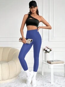 RueChic Solid Wideband Waist Leggings - Blue - View 5