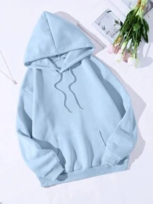 SHEIN EZwear Bản in hình khẩu hiệu & con bướm Túi kangaroo Dây rút Áo hoodie ấm áp - Màu xanh lam - Xem 2