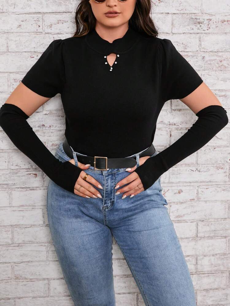 Plus Rhinestone Detail Cut Out Mock Neck Sweater With Arm Sleeves Knit Pullover Fall Winter Sweater