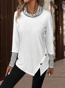 SHEIN LUNE 條紋印花堆堆領紐扣細節不對稱下擺T恤 - 白色 - 查看 5