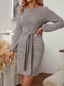 SHEIN Clasi Vestido ajustado tejido jaspeado con nudo delantero - Café integral - Ver 3