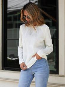 SHEIN LUNE Round Neck Long Sleeve T-shirt - Beige - View 6