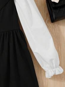 Tween Girl Bow Front Flounce Sleeve Blouse & Peak Collar Dress - Black and White - View 3