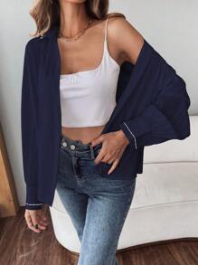 SHEIN Frenchy Tương phản ràng buộc Nút phía trước Áo sơ mi - Màu xanh hải quân - Xem 7
